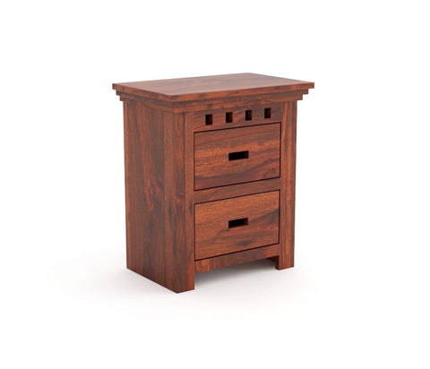 Amer Solid Sheesham Wood Bedside Table With 2 Drawers (Natural Finish)
