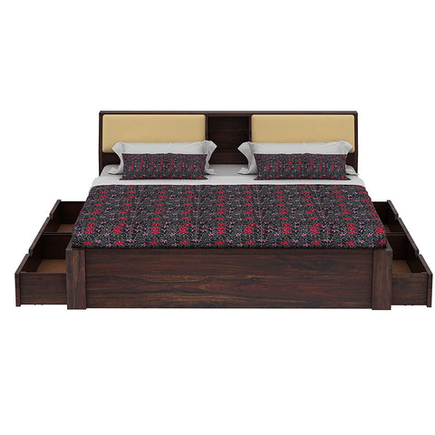Rubikk Solid Sheesham Wood Bed With Four Drawers (King Size, Walnut Finish)