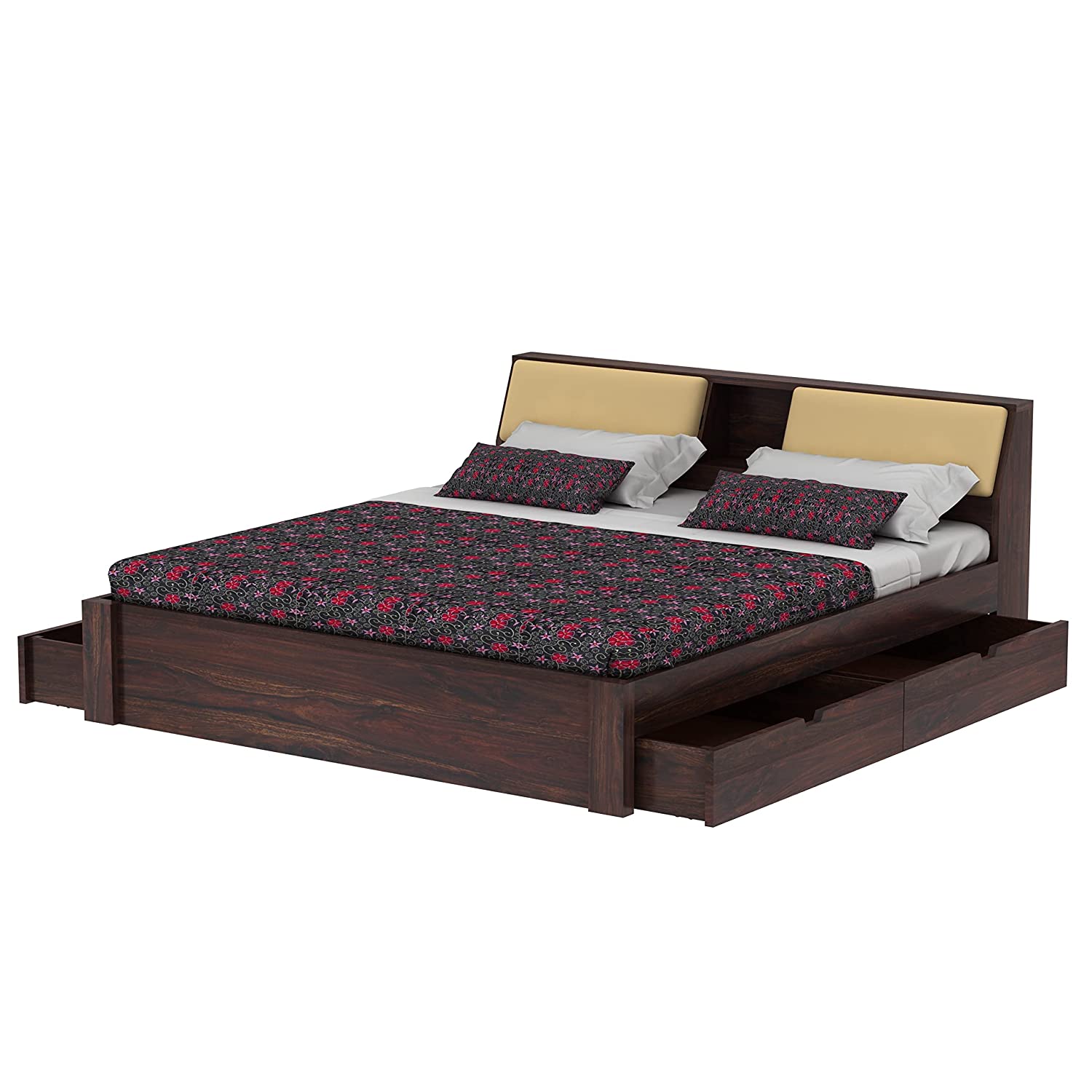 Rubikk Solid Sheesham Wood Bed With Four Drawers (Queen Size, Walnut Finish)