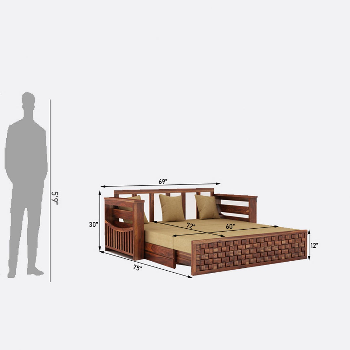 Olivia Solid Sheesham Wood 3 Seater Sofa Cum Bed (Natural Finish)