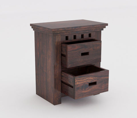 Amer Solid Sheesham Wood Bedside Table With 2 Drawers (Walnut Finish)