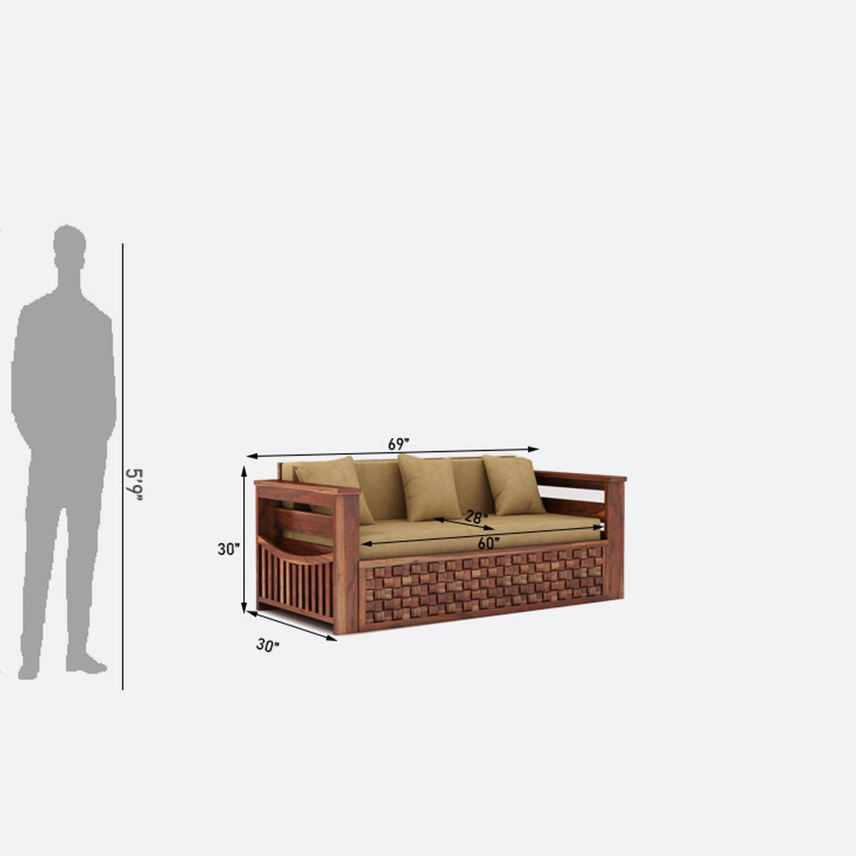 Olivia Solid Sheesham Wood 3 Seater Sofa Cum Bed (Natural Finish)