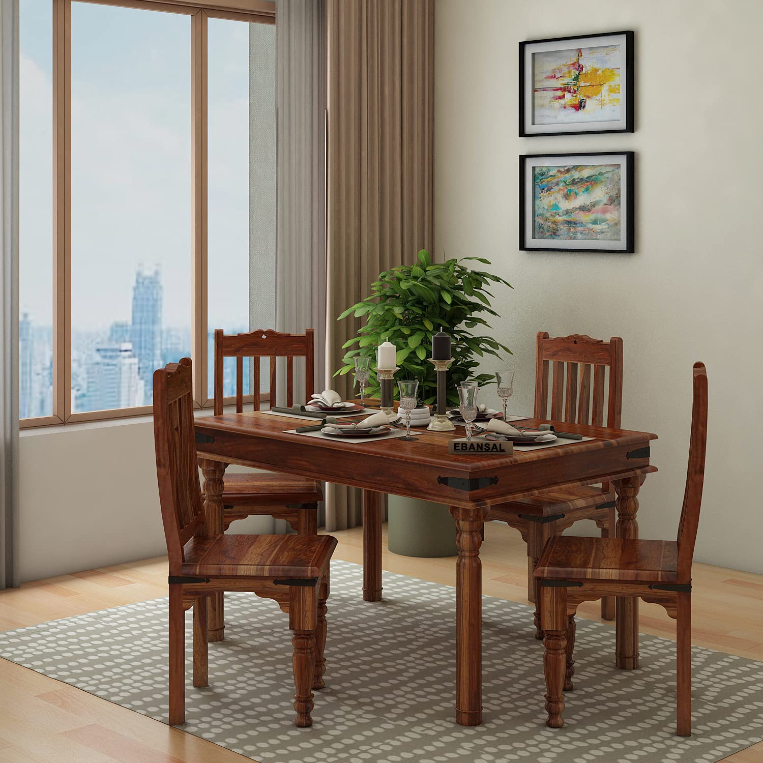 Ajmer Solid Sheesham Wood 4 Seater Dining Set (Without Cushion, Natural Finish)