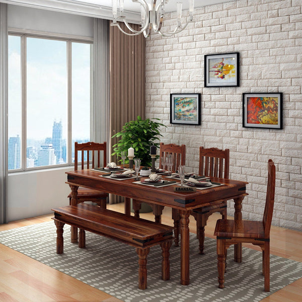 Ajmer Solid Sheesham Wood 6 Seater Dining Set With Bench (Without Cushion, Natural Finish)