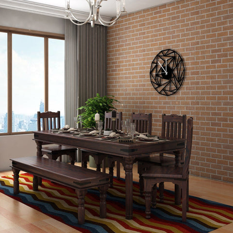 Ajmer Solid Sheesham Wood 8 Seater Dining Set With Bench (Without Cushion, Walnut Finish)