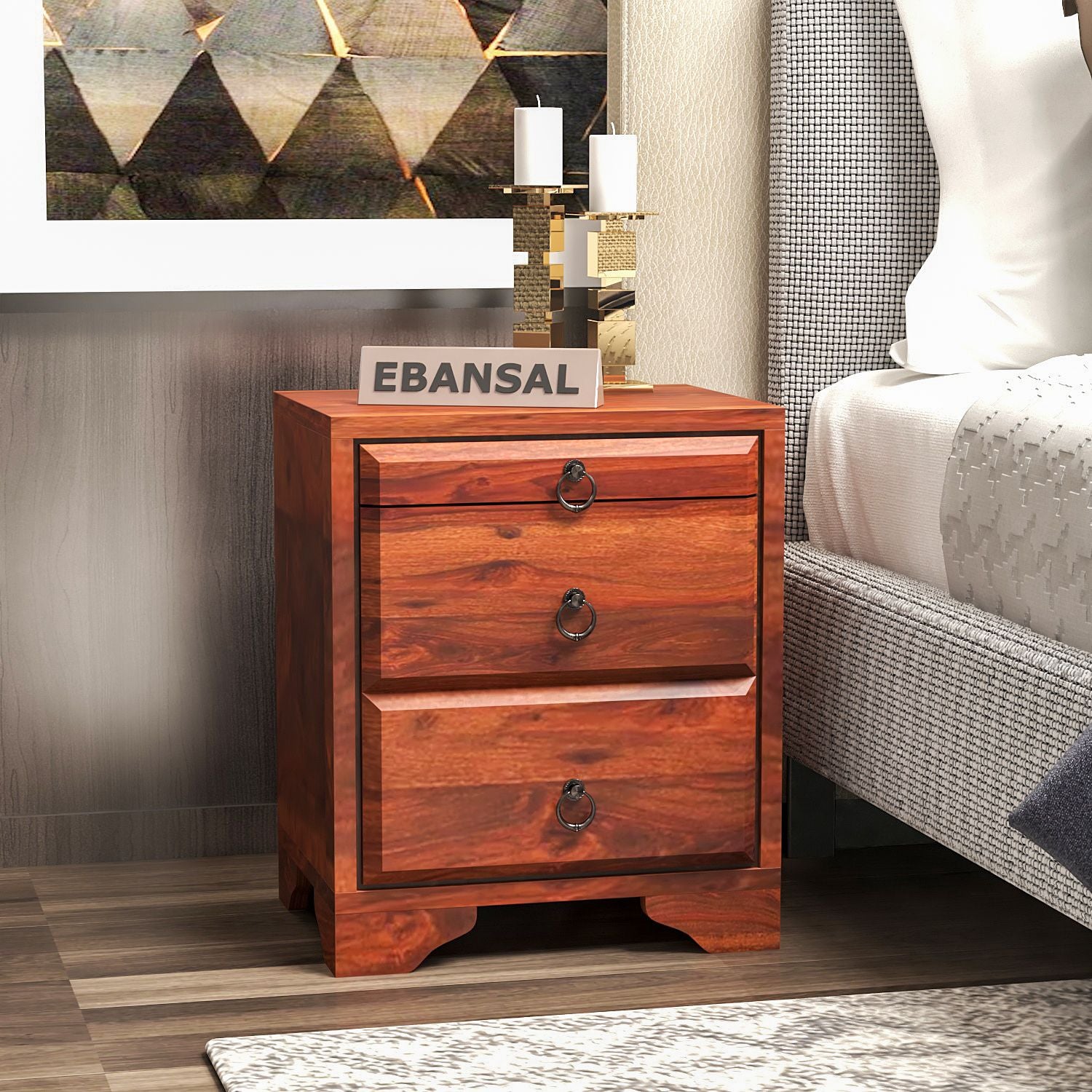 Ajmer Solid Sheesham Wood Bedside Table (Natural Finish)