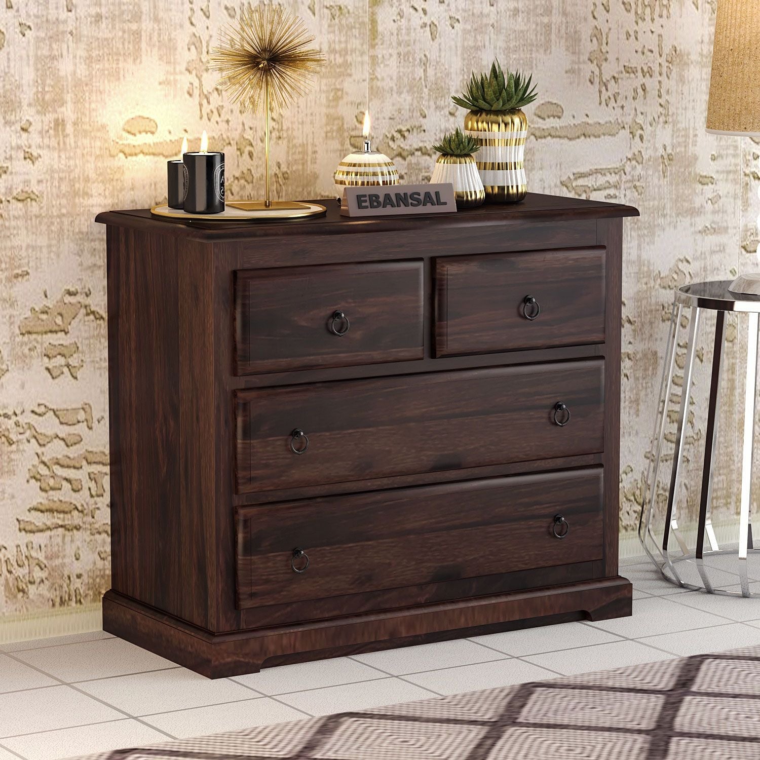 Ajmer Solid Sheesham Wood Chest of Four Drawers (Walnut Finish)