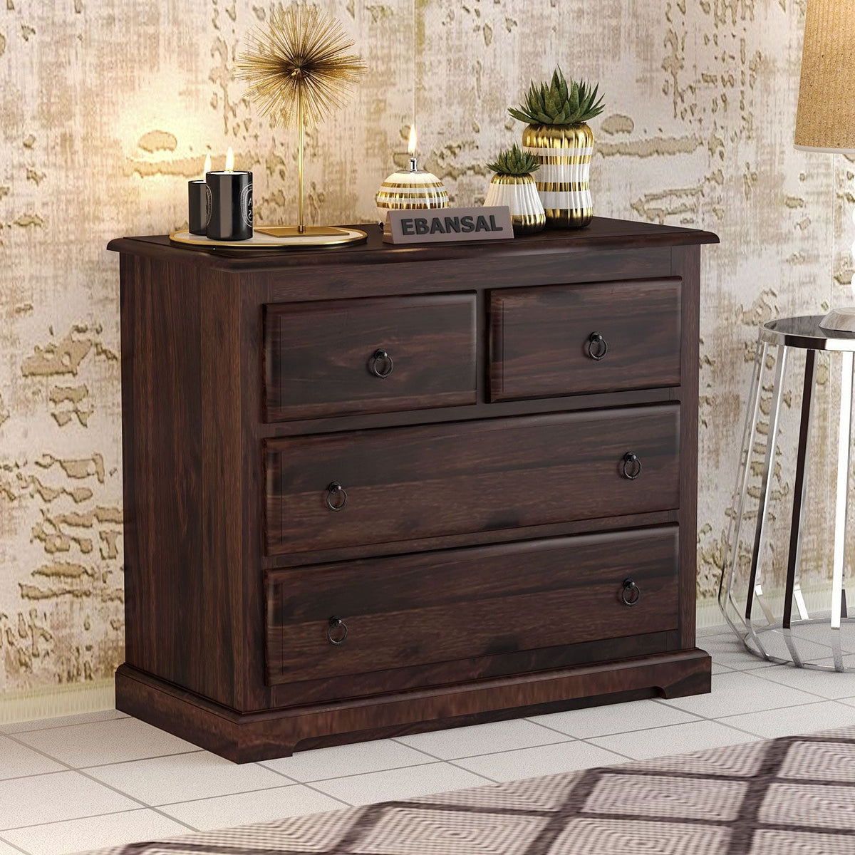 Ajmer Solid Sheesham Wood Chest of Four Drawers (Walnut Finish)