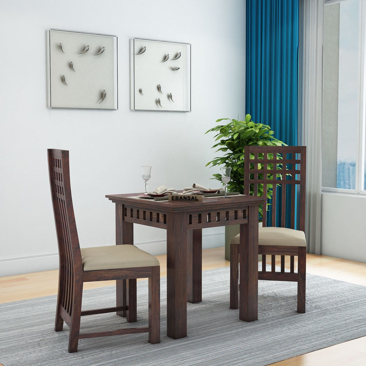 Amer Solid Sheesham Wood 2 Seater Dining Set (With Cushion, Walnut Finish)