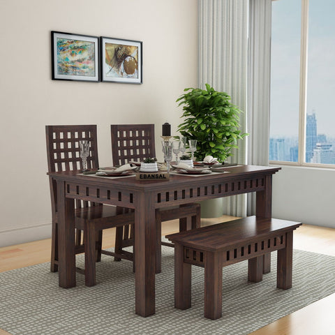 Amer Solid Sheesham Wood 4 Seater Dining Set With Bench (Without Cushion, Walnut Finish)