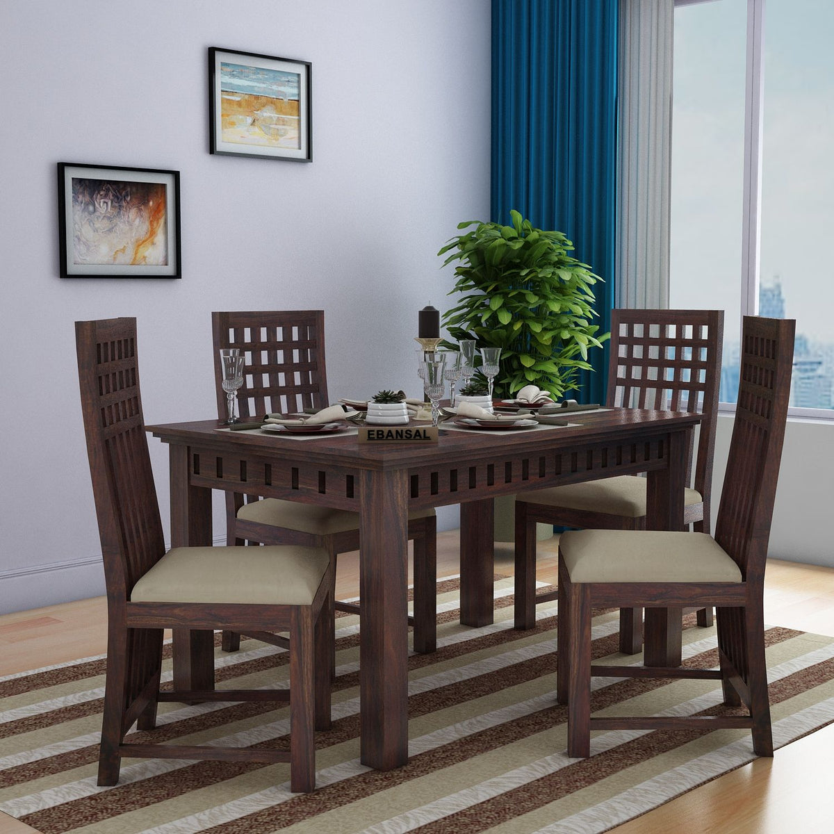 Amer Solid Sheesham Wood 4 Seater Dining Set (With Cushion, Walnut Finish)