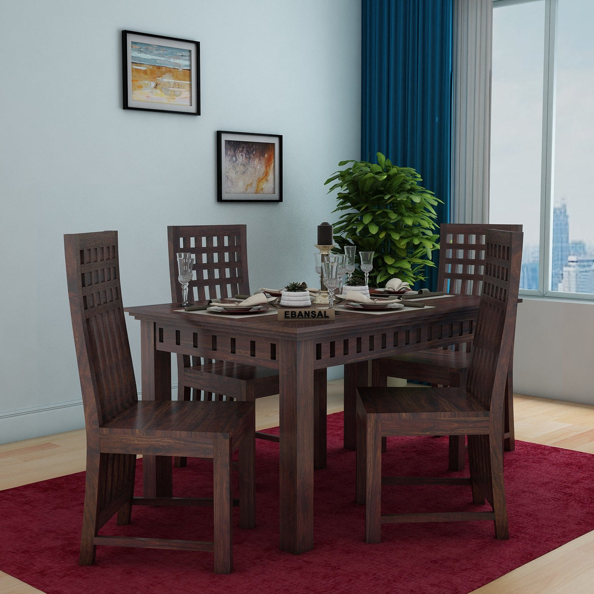 Amer Solid Sheesham Wood 4 Seater Dining Set (Without Cushion, Walnut Finish)