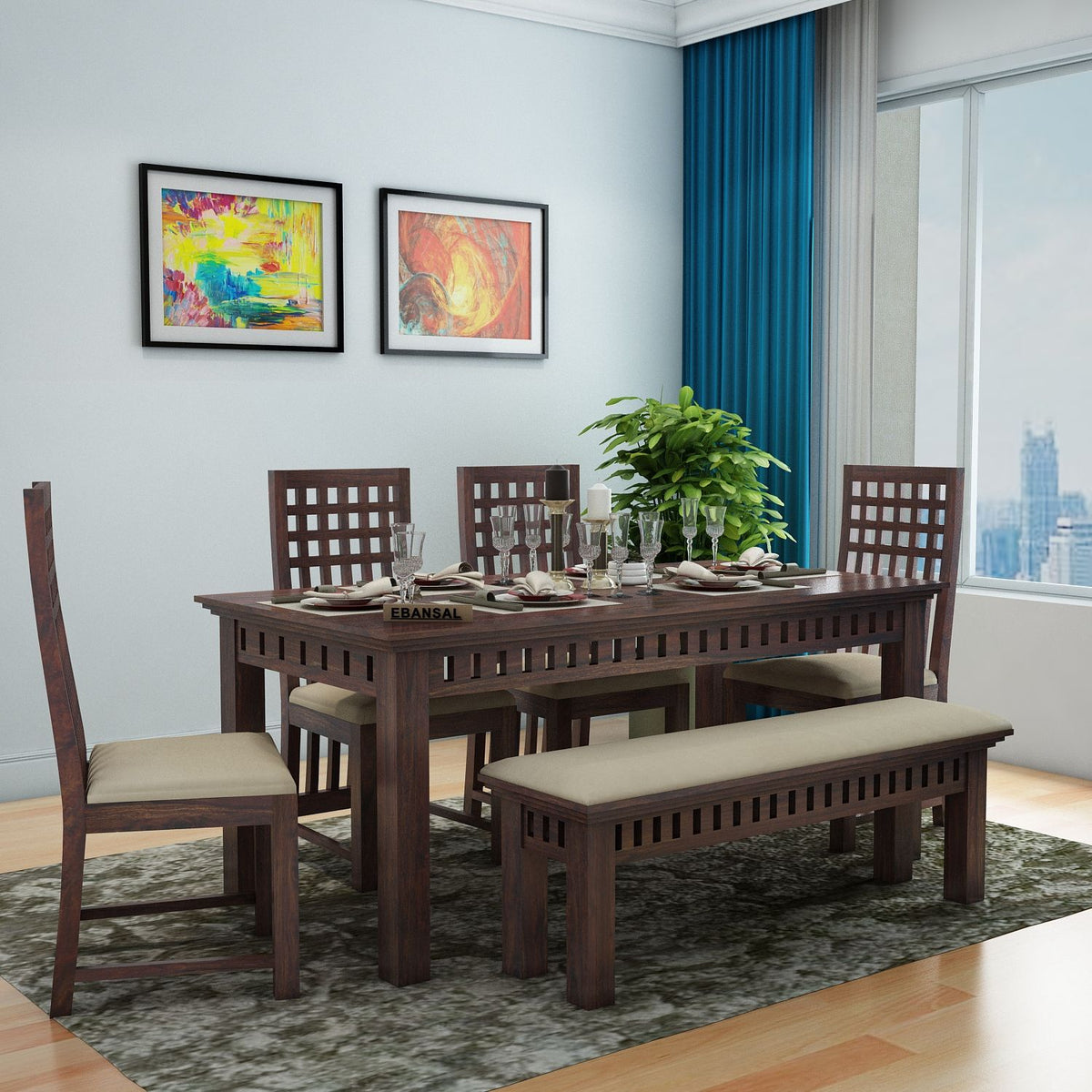 Amer Solid Sheesham Wood 6 Seater Dining Set With Bench (With Cushion, Walnut Finish)