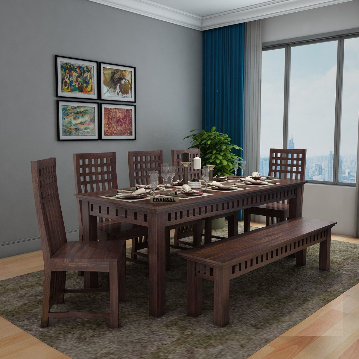 Amer Solid Sheesham Wood 8 Seater Dining Set With Bench (Without Cushion, Walnut Finish)