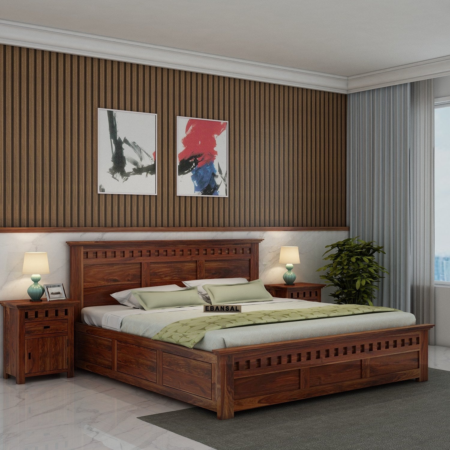 Amer Solid Sheesham Wood Bed With Box Storage (King Size, Natural Finish)