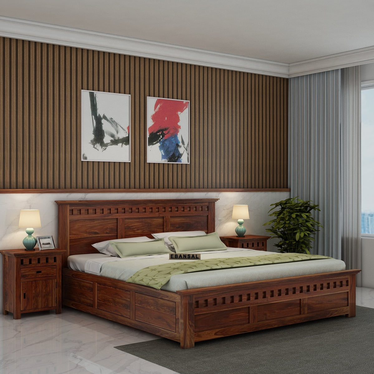 Amer Solid Sheesham Wood Bed With Box Storage (King Size, Natural Finish)
