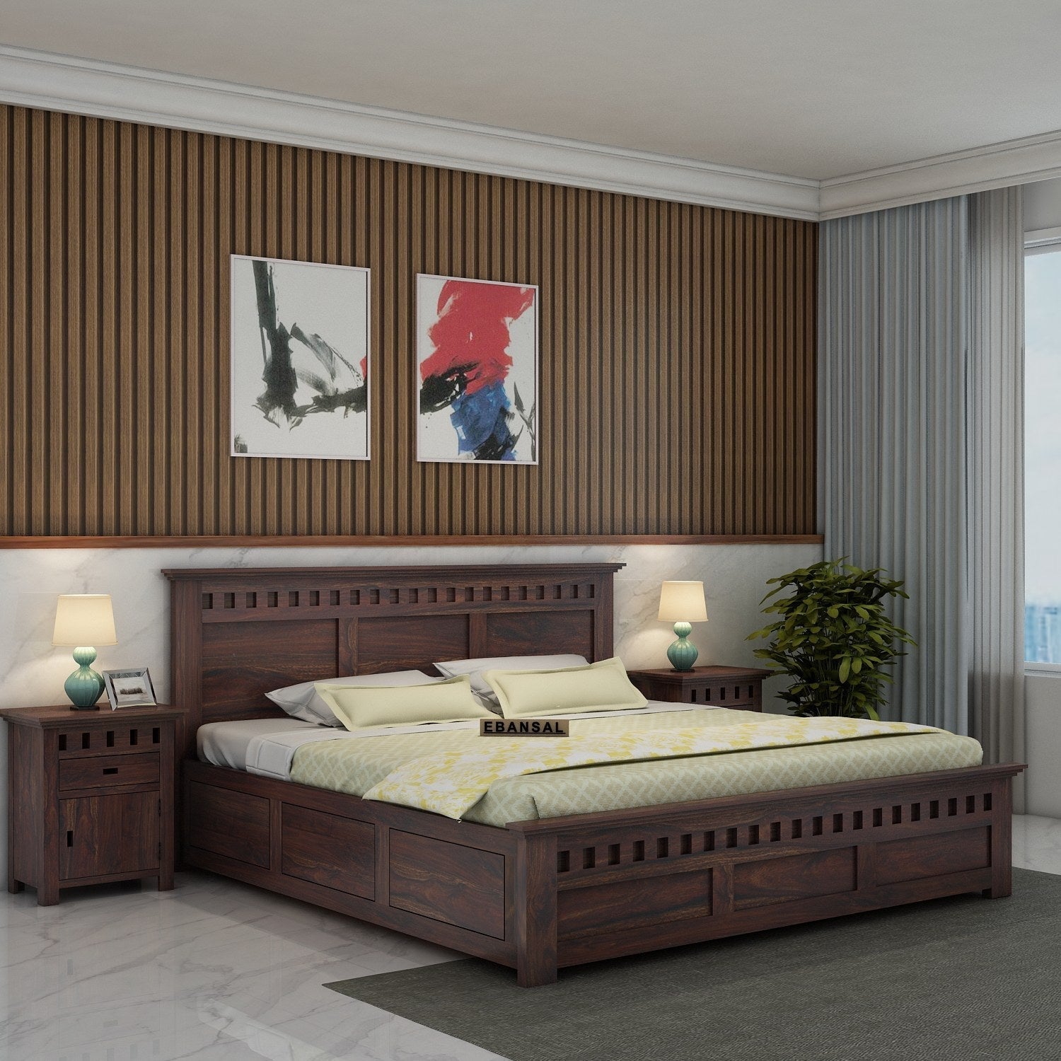 Amer Solid Sheesham Wood Bed With Box Storage (Queen Size, Walnut Finish)