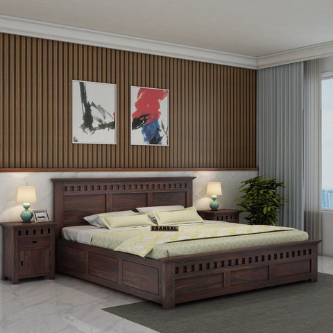 Amer Solid Sheesham Wood Bed With Box Storage (Queen Size, Walnut Finish)