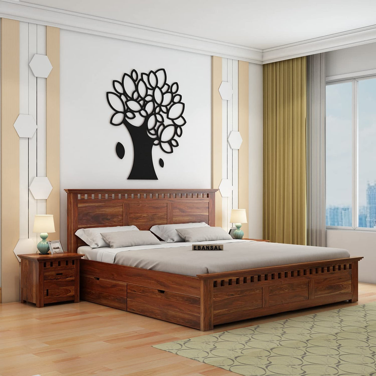 Amer Solid Sheesham Wood Bed With Four Drawers (King Size, Natural Finish)