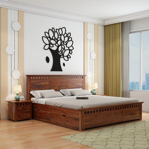 Amer Solid Sheesham Wood Bed With Four Drawers (Queen Size, Natural Finish)