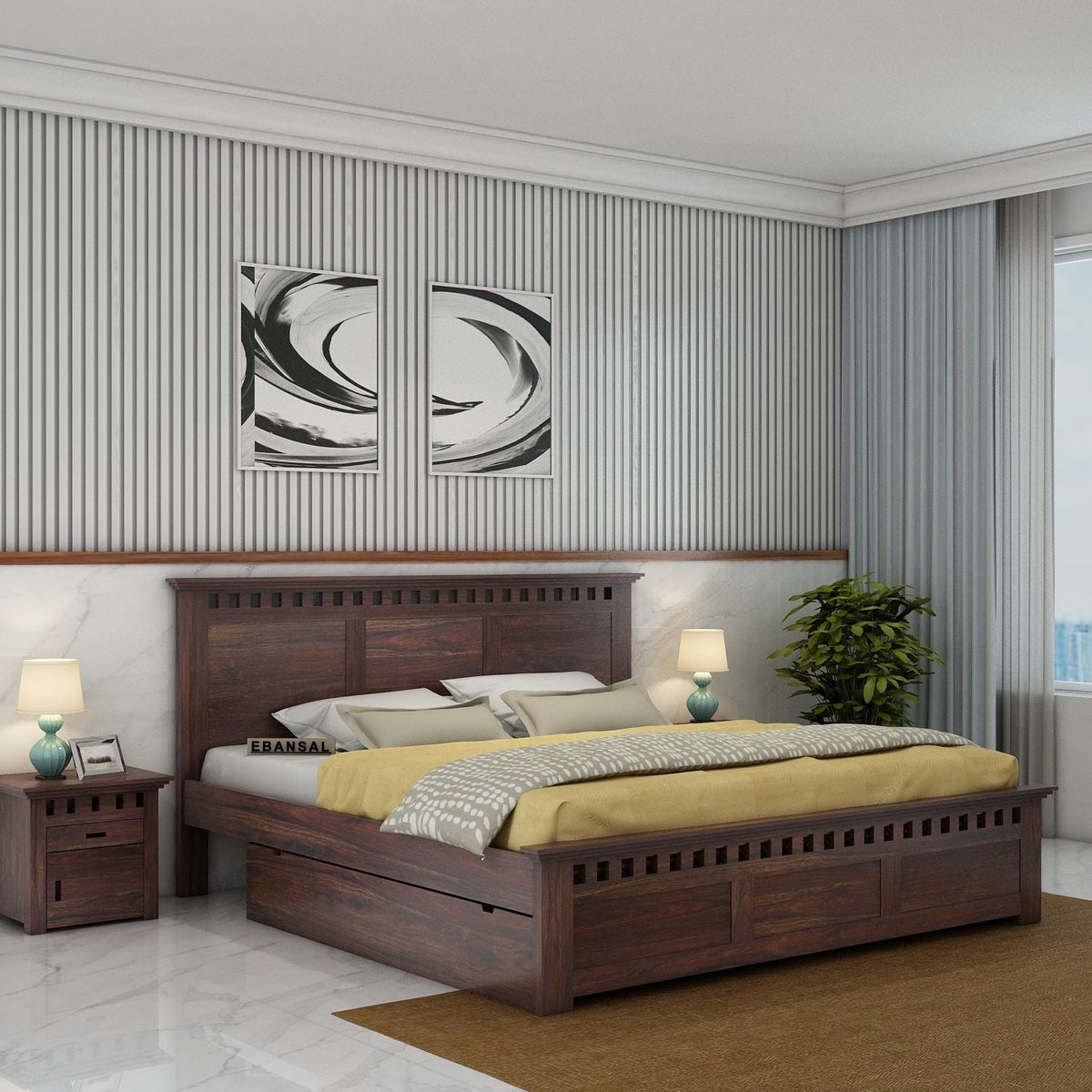 Amer Solid Sheesham Wood Bed With Two Drawers (King Size, Walnut Finish)