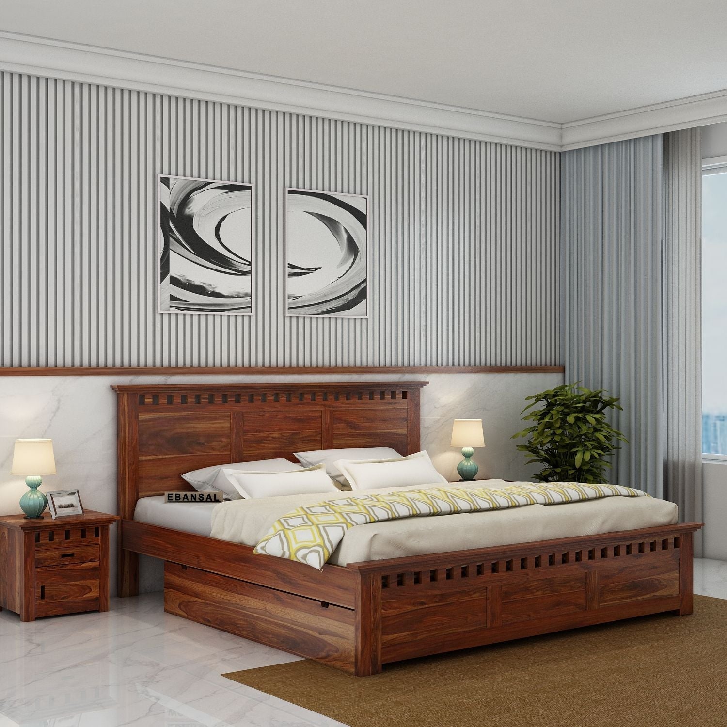 Amer Solid Sheesham Wood Bed With Two Drawers (Queen Size, Natural Finish)