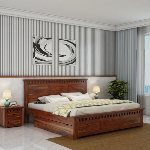 Amer Solid Sheesham Wood Bed With Two Drawers (Queen Size, Natural Finish)