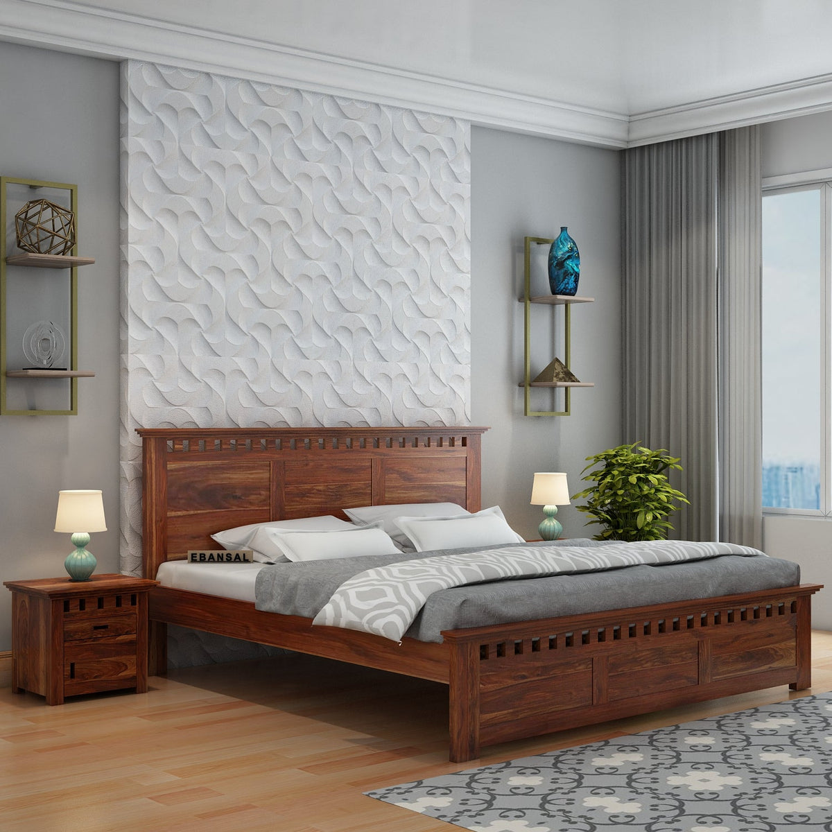 Amer Solid Sheesham Wood Bed Without Storage (King Size, Natural Finish)