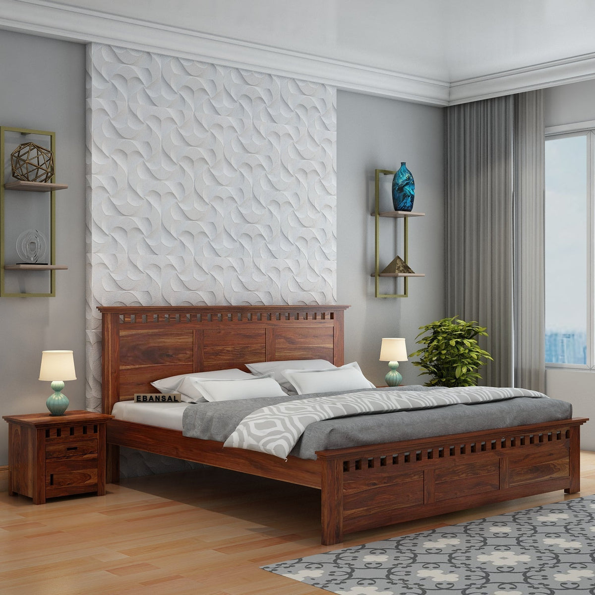 Amer Solid Sheesham Wood Bed Without Storage (Queen Size, Natural Finish)