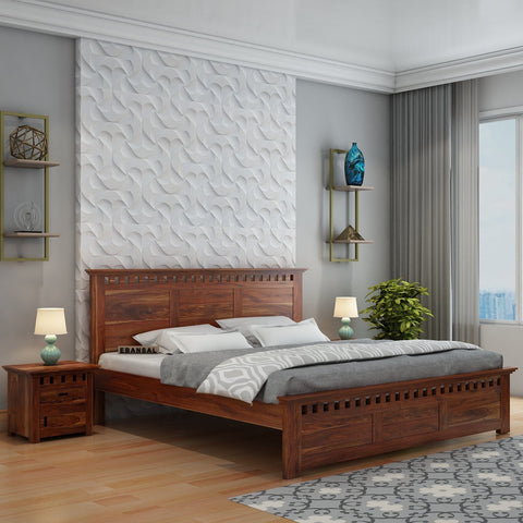 Amer Solid Sheesham Wood Bed Without Storage (Queen Size, Natural Finish)