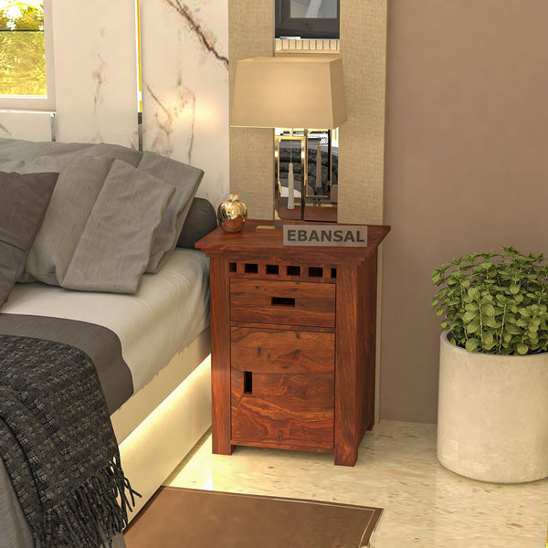 Amer Solid Sheesham Wood Bedside Table (Natural Finish)