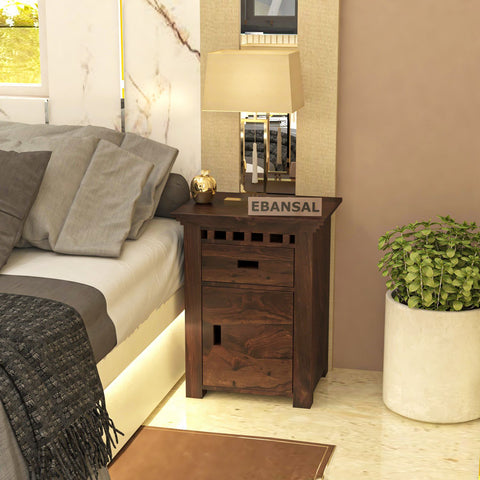 Amer Solid Sheesham Wood Bedside Table (Walnut Finish)