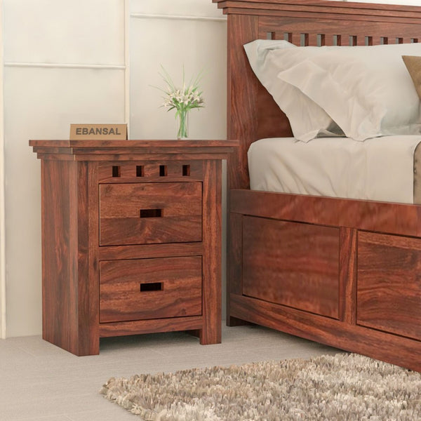 Amer Solid Sheesham Wood Bedside Table With 2 Drawers (Natural Finish)