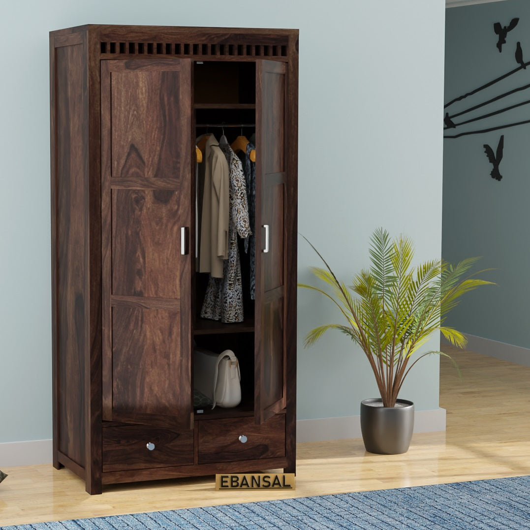 Amer Solid Sheesham Wood Double Door Wardrobe With Two Drawers (Walnut Finish)