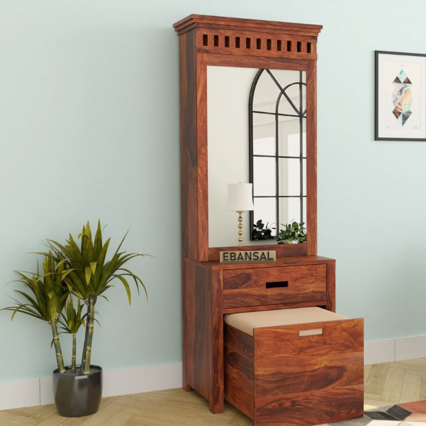 Amer Solid Sheesham Wood Dressing Table With Storage Stool (Natural Finish)