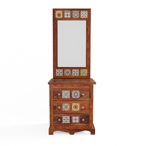 Dotwork Solid Sheesham Wood Dressing Table With Drawers (Natural Finish)