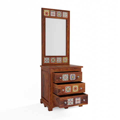 Dotwork Solid Sheesham Wood Dressing Table With Drawers (Natural Finish)