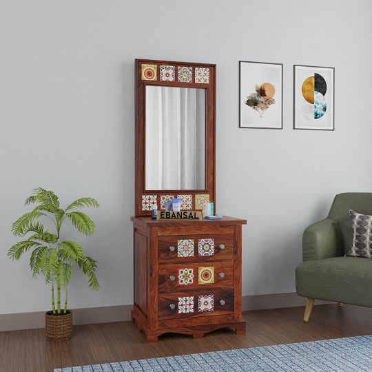 Dotwork Solid Sheesham Wood Dressing Table With Drawers (Natural Finish)