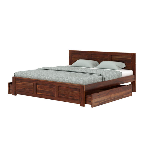 Woodwing Solid Sheesham Wood Bed With Two Drawers (King Size, Natural Finish)