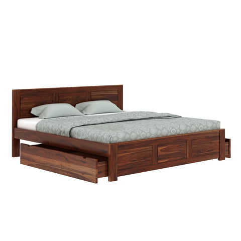 Woodwing Solid Sheesham Wood Bed With Two Drawers (Queen Size, Natural Finish)