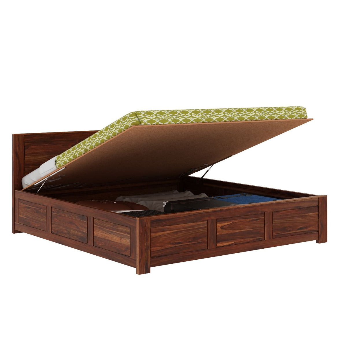Woodwing Solid Sheesham Wood Hydraulic Bed With Box Storage (Queen Size, Natural Finish)