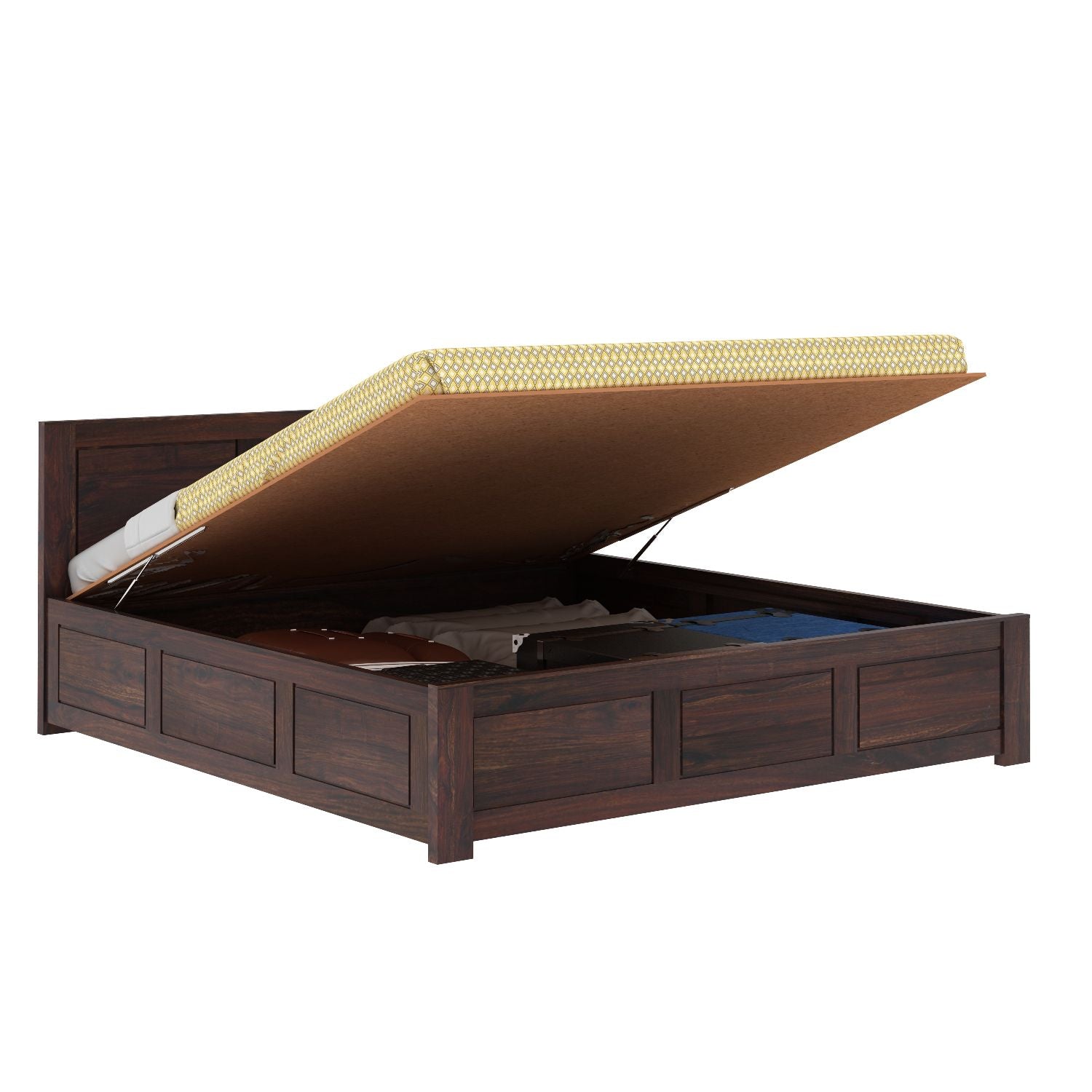 Woodwing Solid Sheesham Wood Hydraulic Bed With Box Storage (King Size, Walnut Finish)