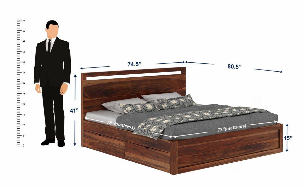 Livinn Solid Sheesham Wood Bed With Four Drawers (King Size, Natural Finish)