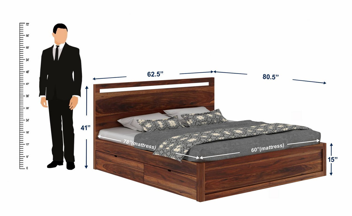 Livinn Solid Sheesham Wood Bed With Four Drawers (Queen Size, Natural Finish)
