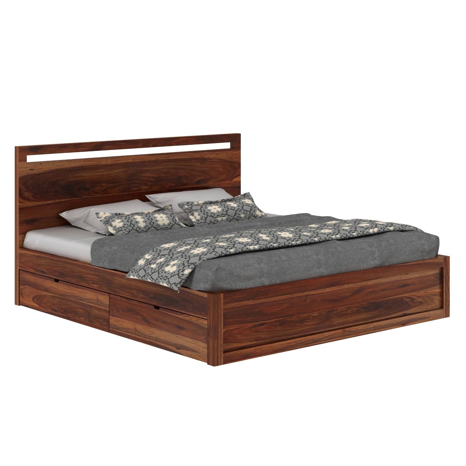 Livinn Solid Sheesham Wood Bed With Four Drawers (Queen Size, Natural Finish)