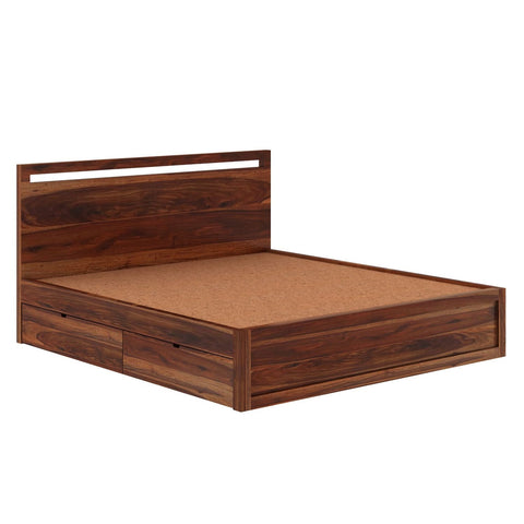 Livinn Solid Sheesham Wood Bed With Four Drawers (Queen Size, Natural Finish)