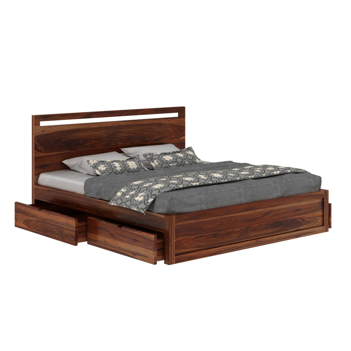 Livinn Solid Sheesham Wood Bed With Four Drawers (Queen Size, Natural Finish)