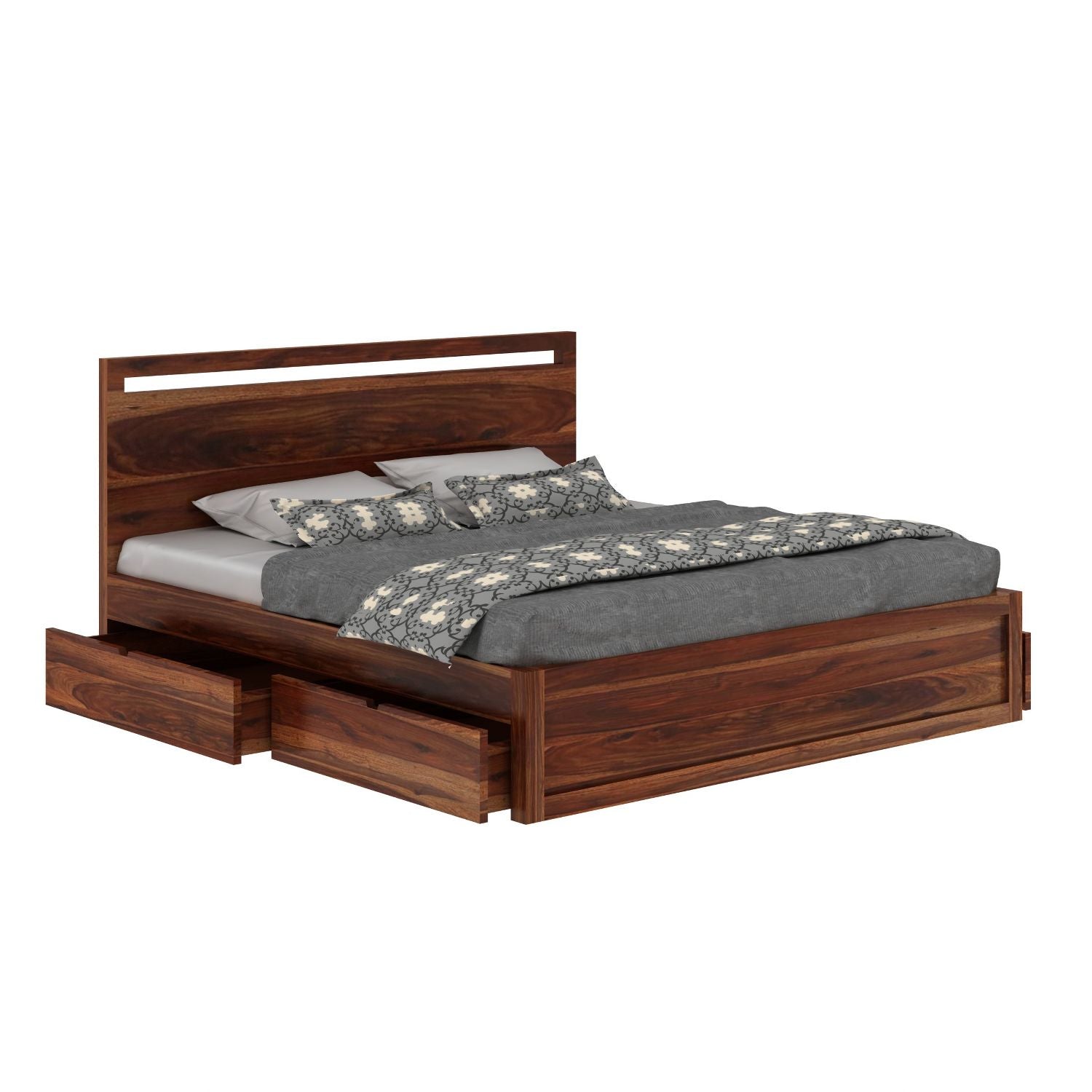 Livinn Solid Sheesham Wood Bed With Four Drawers (King Size, Natural Finish)