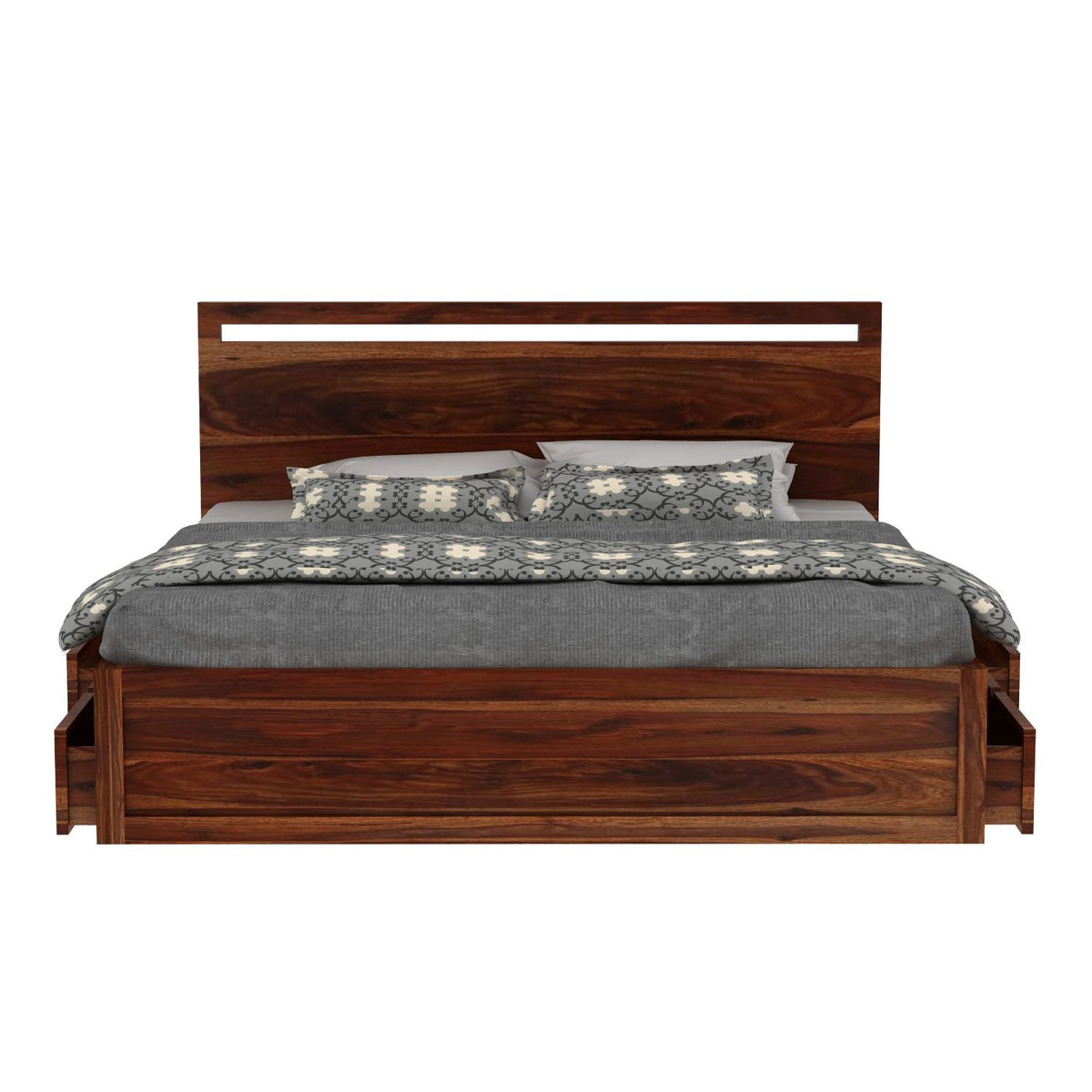 Livinn Solid Sheesham Wood Bed With Four Drawers (Queen Size, Natural Finish)