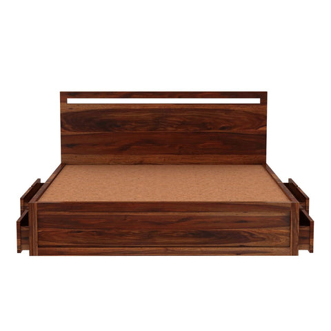Livinn Solid Sheesham Wood Bed With Four Drawers (Queen Size, Natural Finish)